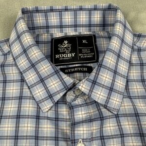 Rugby University Men's Blue White Plaid Stretch Long Sleeve Button Down Shirt XL